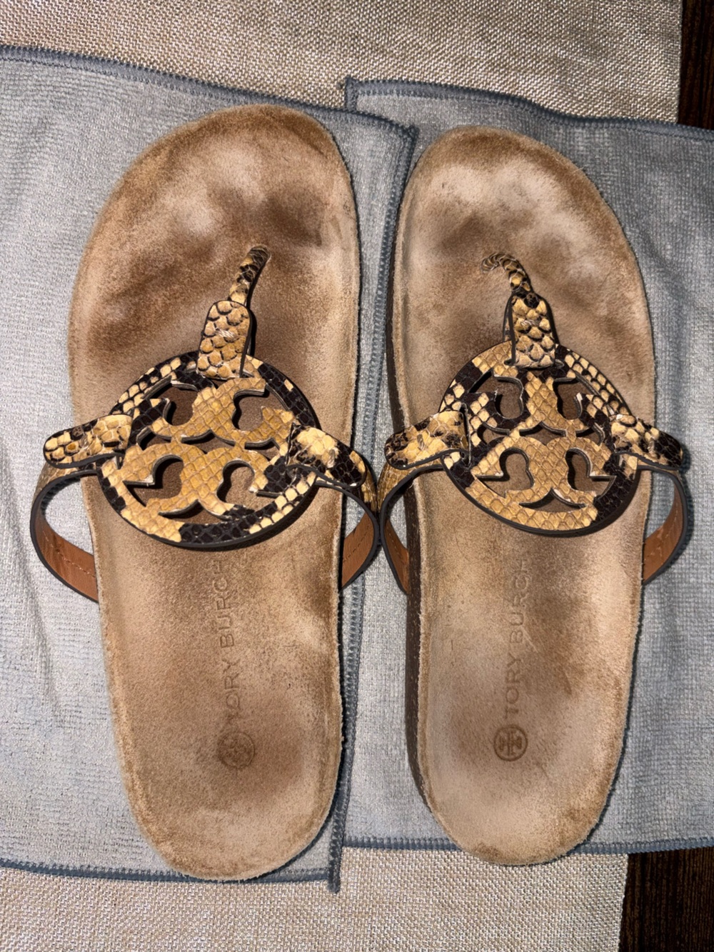 Tory Burch Snake-Print Miller Thong Sandals in Tan and Black